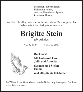 Traueranzeige von Brigitte Stein von Siegener Zeitung