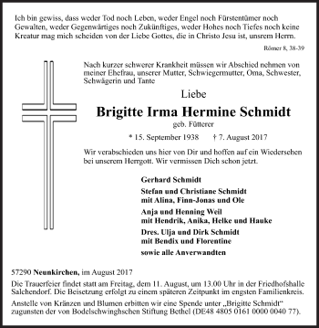 Traueranzeige von Brigitte Irma Hermine Schmidt von Siegener Zeitung