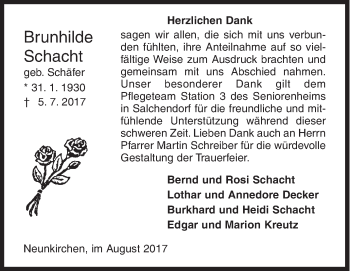 Traueranzeige von Brunhilde Schacht von Siegener Zeitung