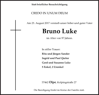 Traueranzeige von Bruno Luke von Siegener Zeitung