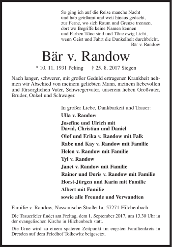 Traueranzeige von Bär v. Randow von Siegener Zeitung