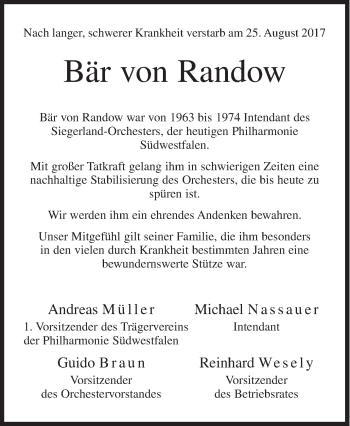 Traueranzeige von Bär von Randow von Siegener Zeitung