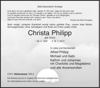 Traueranzeige von Christa Philipp von Siegener Zeitung