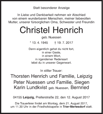 Traueranzeige von Christel Henrich von Siegener Zeitung