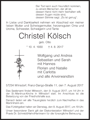 Traueranzeige von Christel Kölsch von Siegener Zeitung