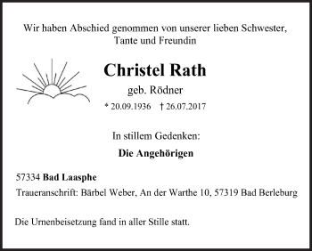 Traueranzeige von Christel Rath von Siegener Zeitung