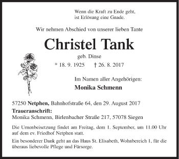 Traueranzeige von Christel Tank von Siegener Zeitung
