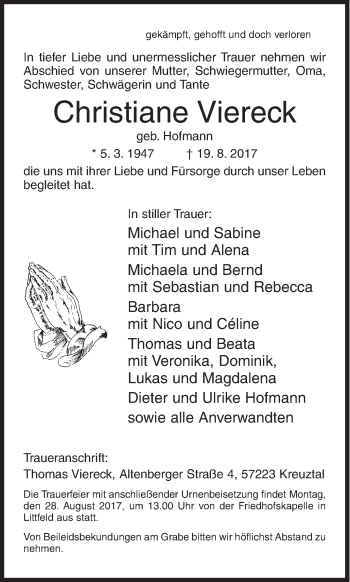 Traueranzeige von Christiane Viereck von Siegener Zeitung