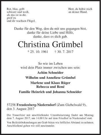 Traueranzeige von Christina Grümbel von Siegener Zeitung