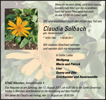 Traueranzeige von Claudia Solbach von Siegener Zeitung