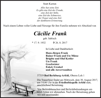 Traueranzeige von Cäcilie Frank von Siegener Zeitung