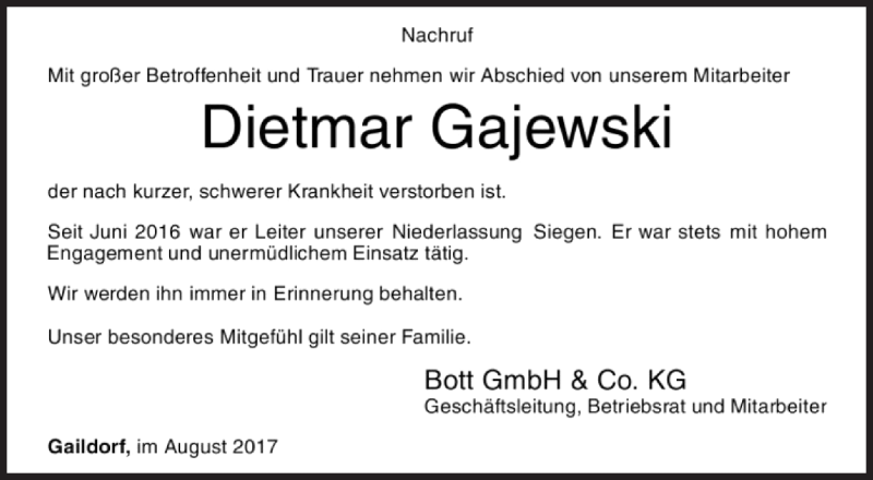  Traueranzeige für Dietmar Gajewski vom 26.08.2017 aus Siegener Zeitung