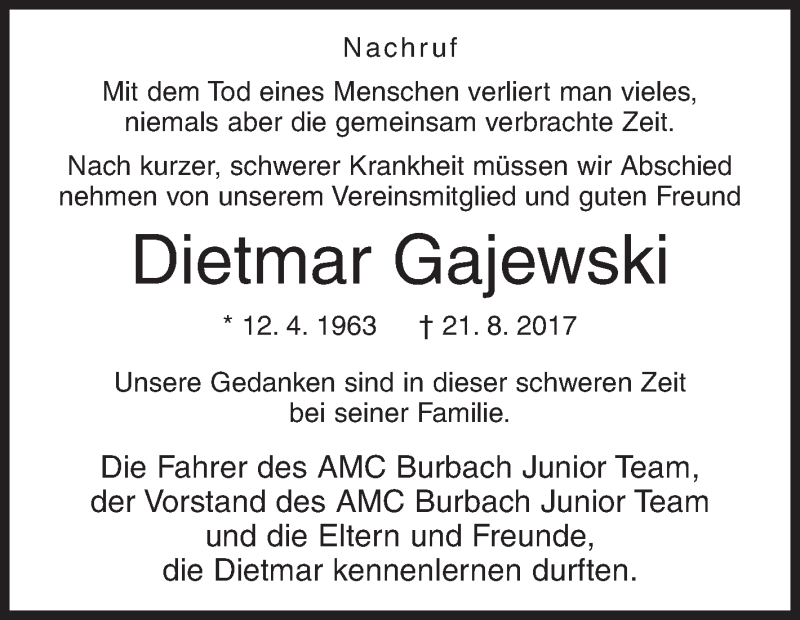  Traueranzeige für Dietmar Gajewski vom 28.08.2017 aus Siegener Zeitung