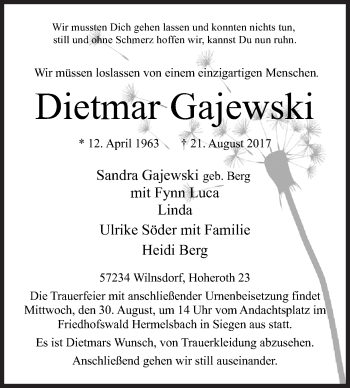 Traueranzeige von Dietmar Gajewski von Siegener Zeitung