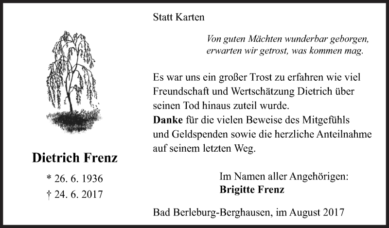  Traueranzeige für Dietrich Frenz vom 08.08.2017 aus Siegener Zeitung