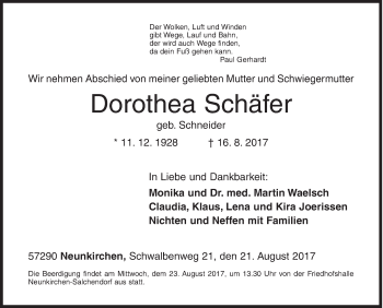 Traueranzeige von Dorothea Schäfer von Siegener Zeitung