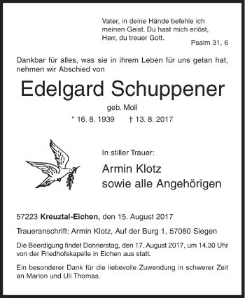 Traueranzeige von Edelgard Schuppener von Siegener Zeitung