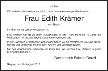 Traueranzeige von Edith Krämer von Siegener Zeitung