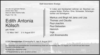 Traueranzeige von Edith Antonia Kölsch von Siegener Zeitung