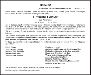 Traueranzeige von Elfriede Fehler von Siegener Zeitung