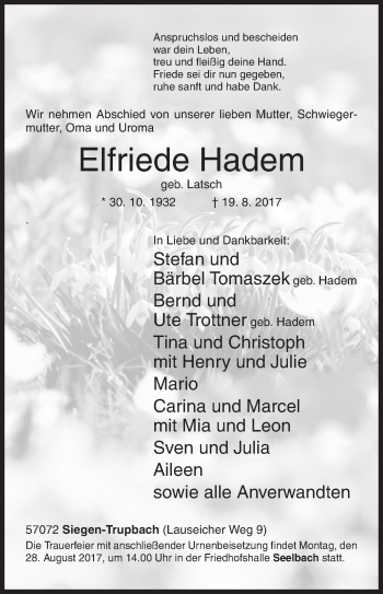 Traueranzeige von Elfriede Hadem von Siegener Zeitung
