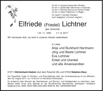 Traueranzeige von Elfriede Lichtner von Siegener Zeitung