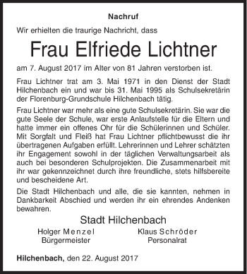 Traueranzeige von Elfriede Lichtner von Siegener Zeitung