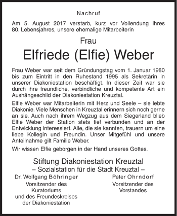 Traueranzeige von Elfriede Weber von Siegener Zeitung