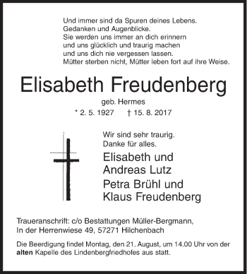 Traueranzeige von Elisabeth Freudenberg von Siegener Zeitung