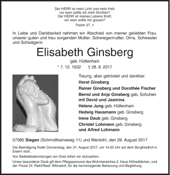 Traueranzeige von Elisabeth Ginsberg von Siegener Zeitung