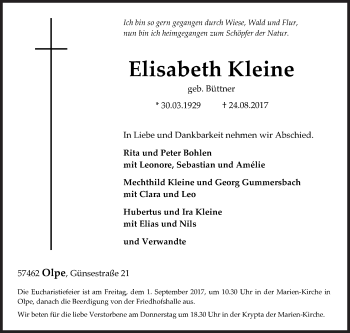 Traueranzeige von Elisabeth Kleine von Siegener Zeitung