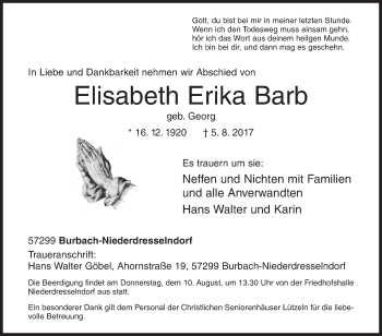 Traueranzeige von Elisabeth Erika Barb von Siegener Zeitung