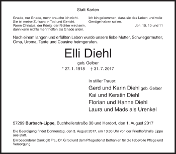 Traueranzeige von Elli Diehl von Siegener Zeitung