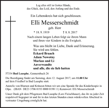 Traueranzeige von Elli Messerschmidt von Siegener Zeitung