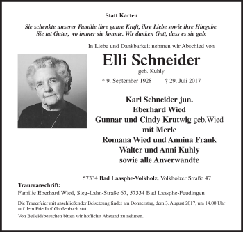 Traueranzeige von Elli Schneider von Siegener Zeitung