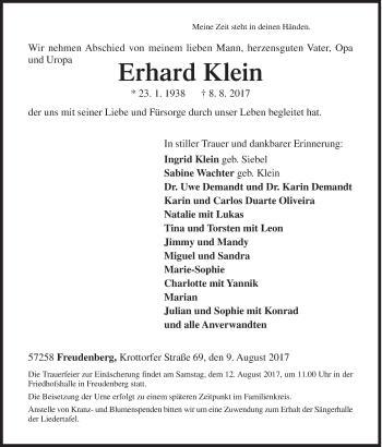 Traueranzeige von Erhard Klein von Siegener Zeitung