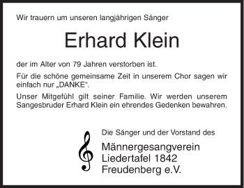 Traueranzeige von Erhard Klein von Siegener Zeitung