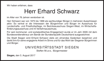 Traueranzeige von Erhard Schwarz von Siegener Zeitung