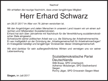 Traueranzeige von Erhard Schwarz von Siegener Zeitung