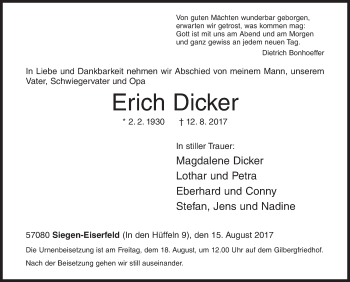 Traueranzeige von Erich Dicker von Siegener Zeitung