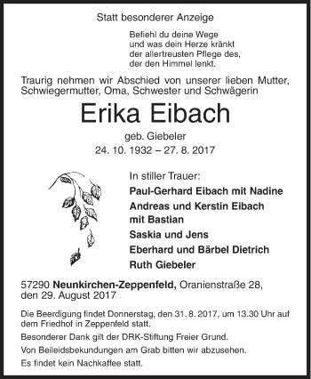 Traueranzeige von Erika Eibach von Siegener Zeitung