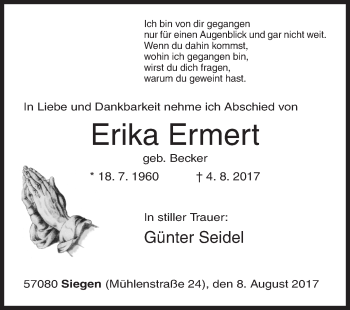 Traueranzeige von Erika Ermert von Siegener Zeitung