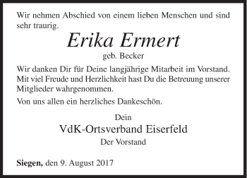Traueranzeige von Erika Ermert von Siegener Zeitung