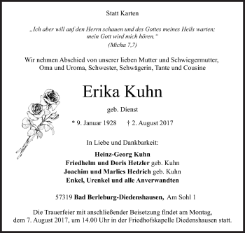 Traueranzeige von Erika Kuhn von Siegener Zeitung