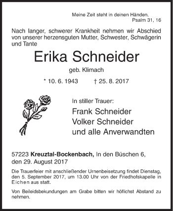 Traueranzeige von Erika Schneider von Siegener Zeitung