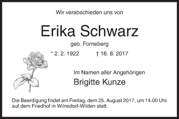 Traueranzeige von Erika Schwarz von Siegener Zeitung