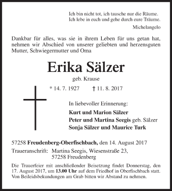 Traueranzeige von Erika Sälzer von Siegener Zeitung