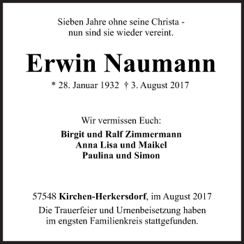 Traueranzeige von Erwin Naumann von Siegener Zeitung