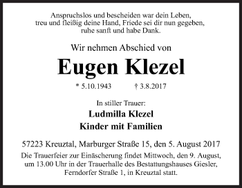 Traueranzeige von Eugen Klezel von Siegener Zeitung