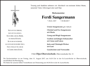Traueranzeige von Ferdi Sangermann von Siegener Zeitung